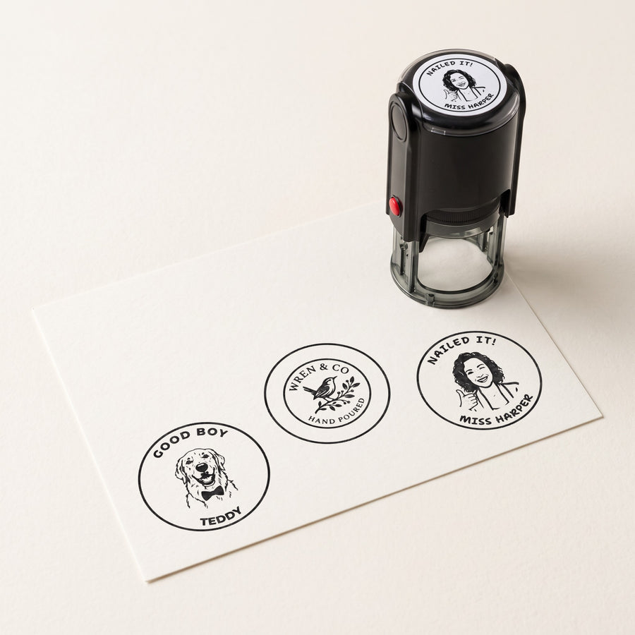 Personalised self-inking stamp with three of its prints: a teacher portrait, a small business logo and a dog portrait