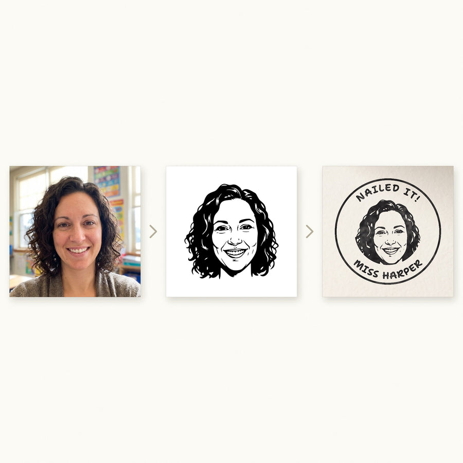 A photo turned into a stamp drawing, then printed as a personalised stamp