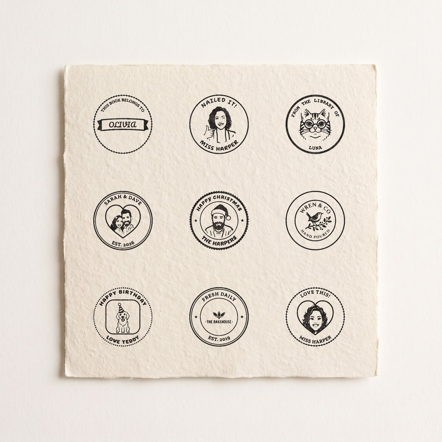 Nine personalised stamp designs printed on card: faces, pets, couples, logos and words