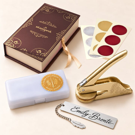 The Gift Set: an embosser in our book-shaped keepsake box with seal stickers and a metal bookmark