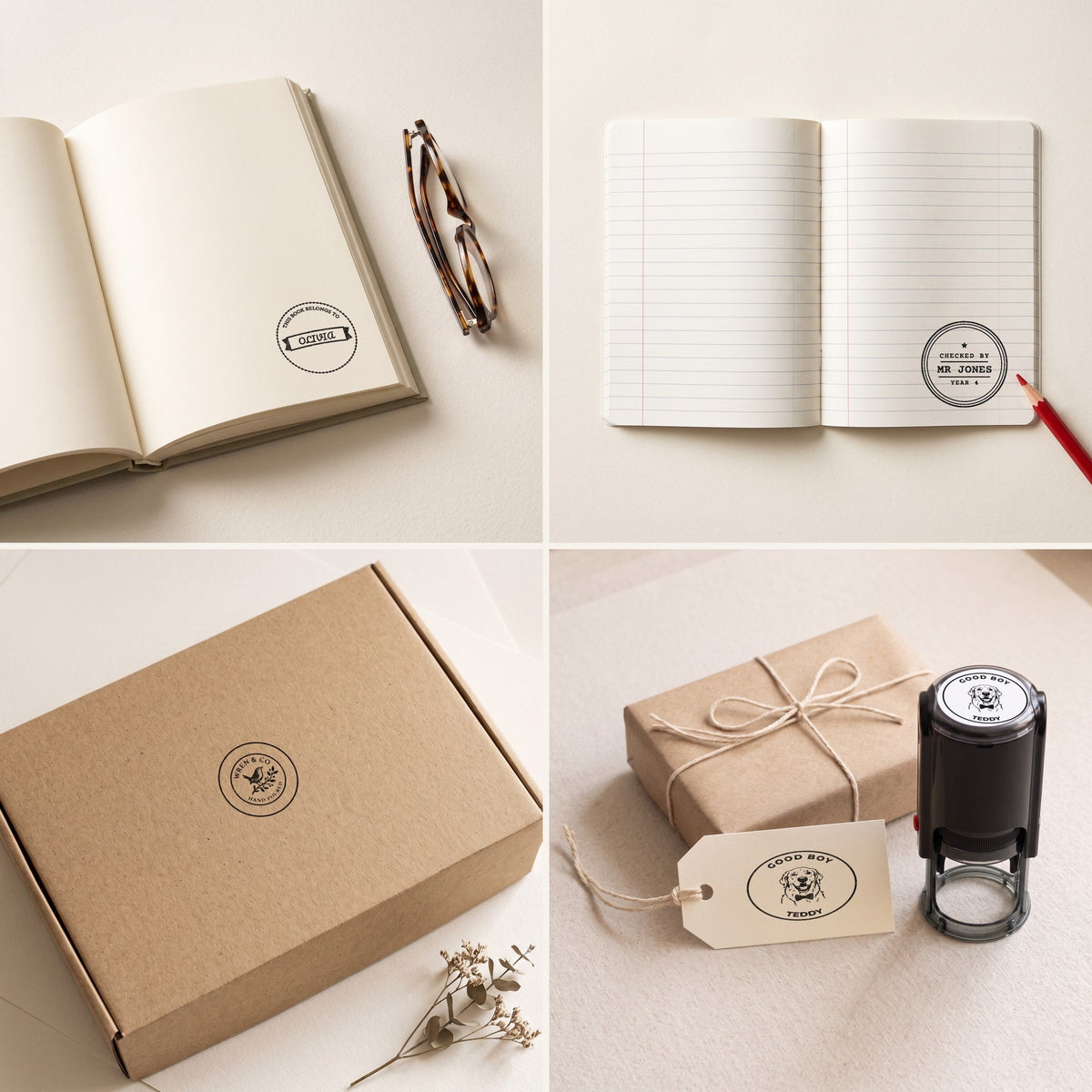 Custom stamps in use: in a book, an exercise book, a kraft mailer box and a gift tag