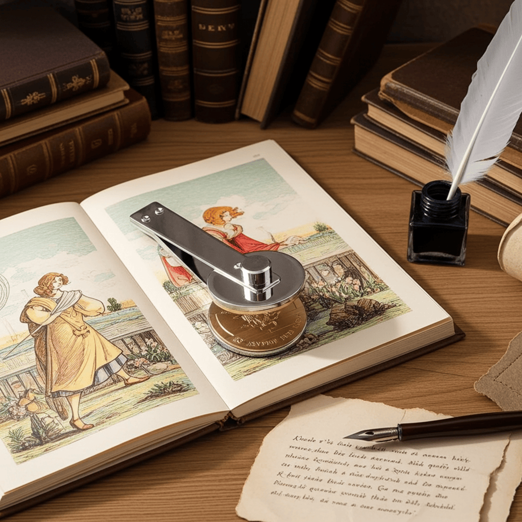 Vintage desk with illustrated open book, wax seal stamp, feather quill, and ink bottle