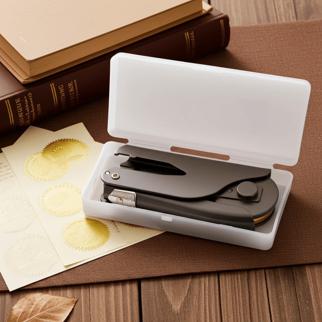 Notary embosser seal tool in plastic case with gold foil certificates on wooden table