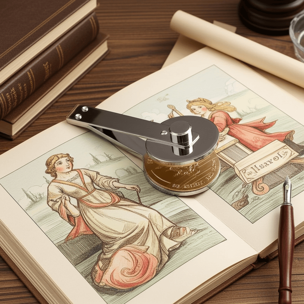 Book with vintage illustrations, embossing seal, fountain pen, and books on wooden desk.