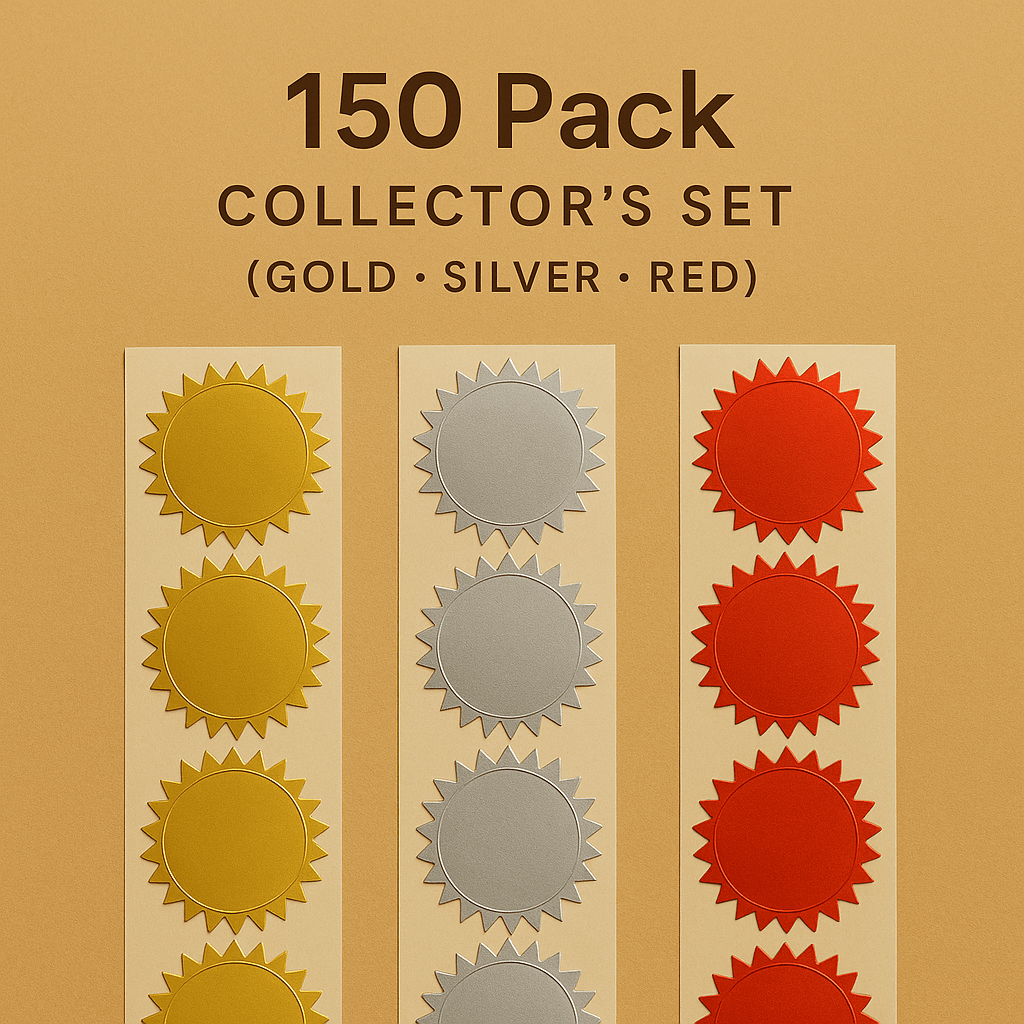 150 pack collector's set of gold, silver, and red award seal stickers on tan background