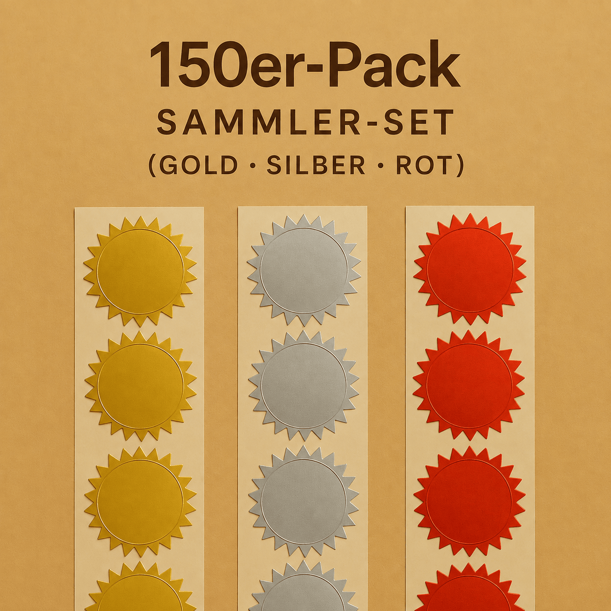 Siegelaufkleber-Set – 150er-Pack in Gold, Silber und Rot