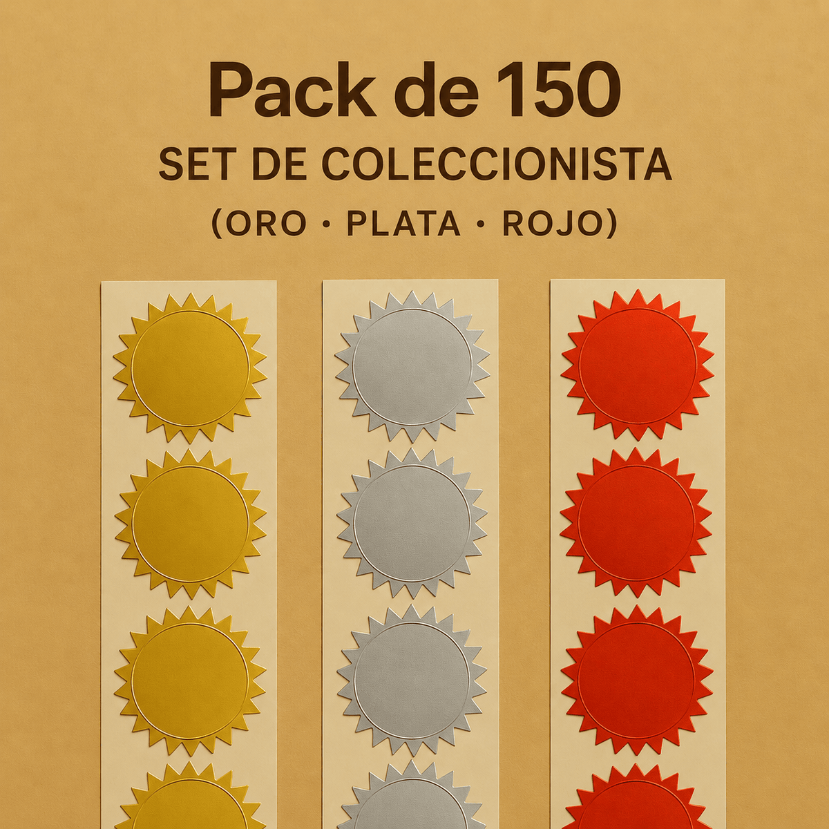 Sellos adhesivos – pack de 150 en oro, plata y rojo