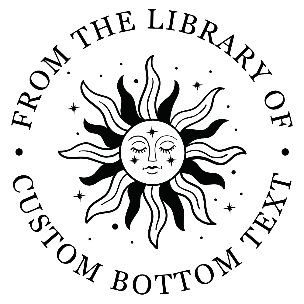 Boho sun face stamp with text 'From the Library of Custom Bottom Text', celestial theme