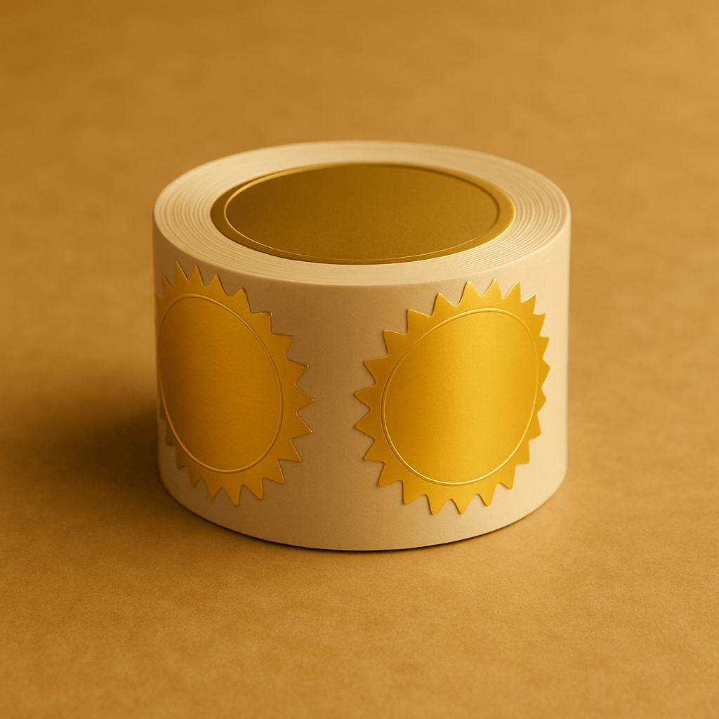 roll of gold foil starburst award stickers on brown background