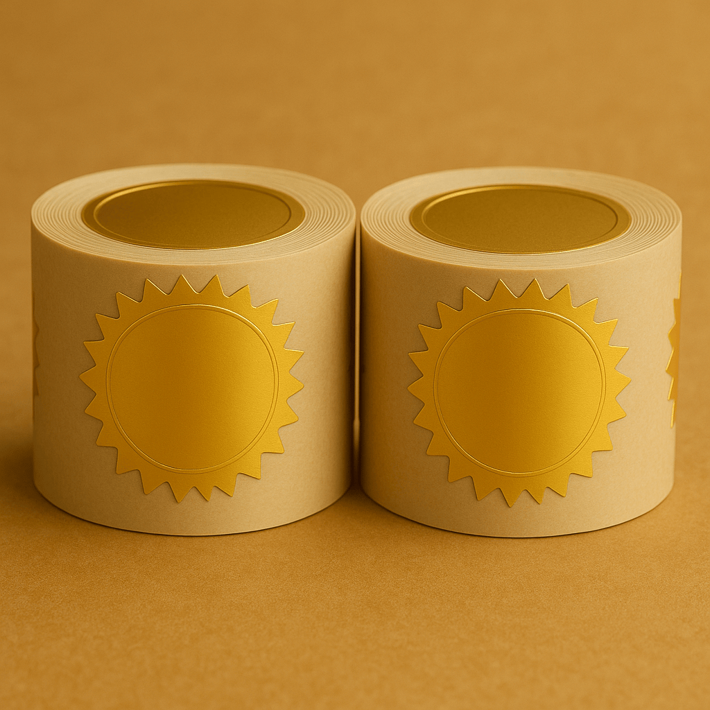 Two rolls of gold starburst stickers on a brown background