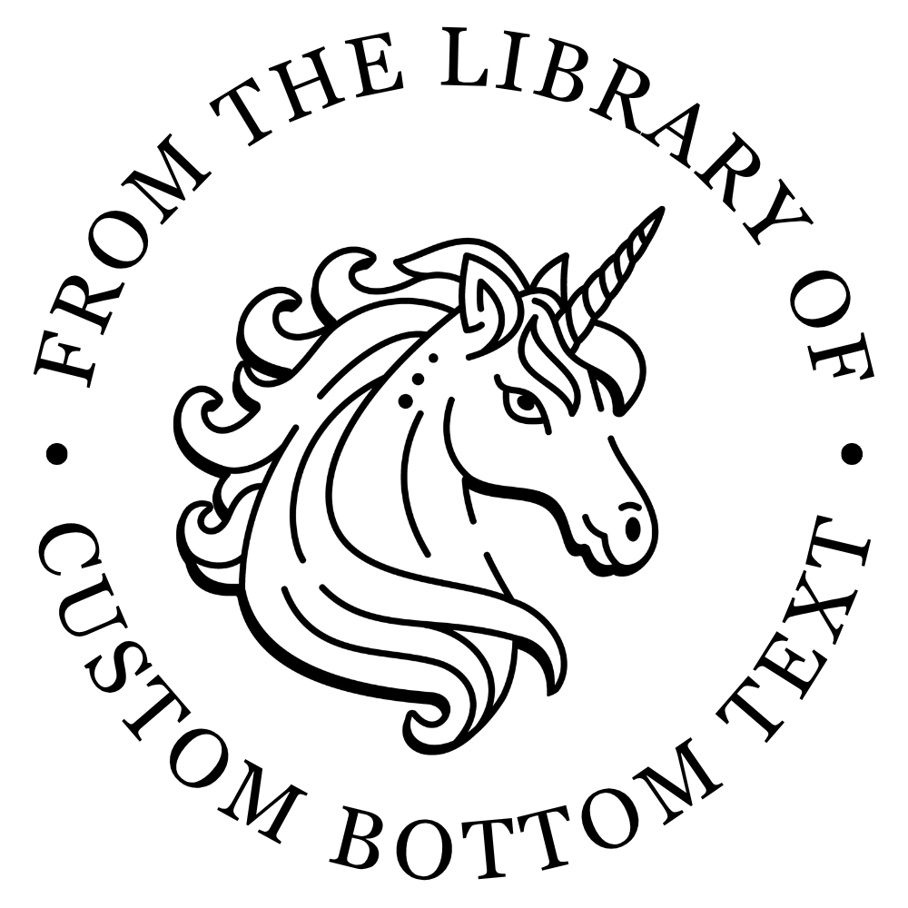 Unicorn bookplate design with text 'From the Library Of Custom Bottom Text' in a circle