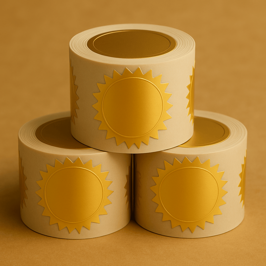 Three rolls of gold foil starburst stickers on a brown background