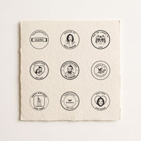 Nine personalised stamp designs printed on card: faces, pets, couples, logos and words