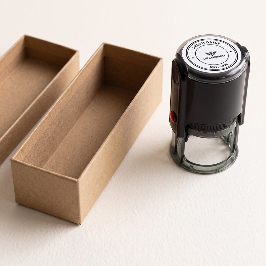 What you get: your personalised self-inking stamp, inked in your colour, in its box