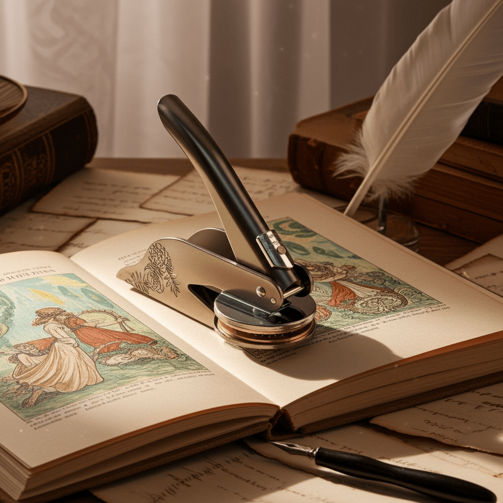 Notary embosser stamp on open illustrated vintage book with feather quill and old papers