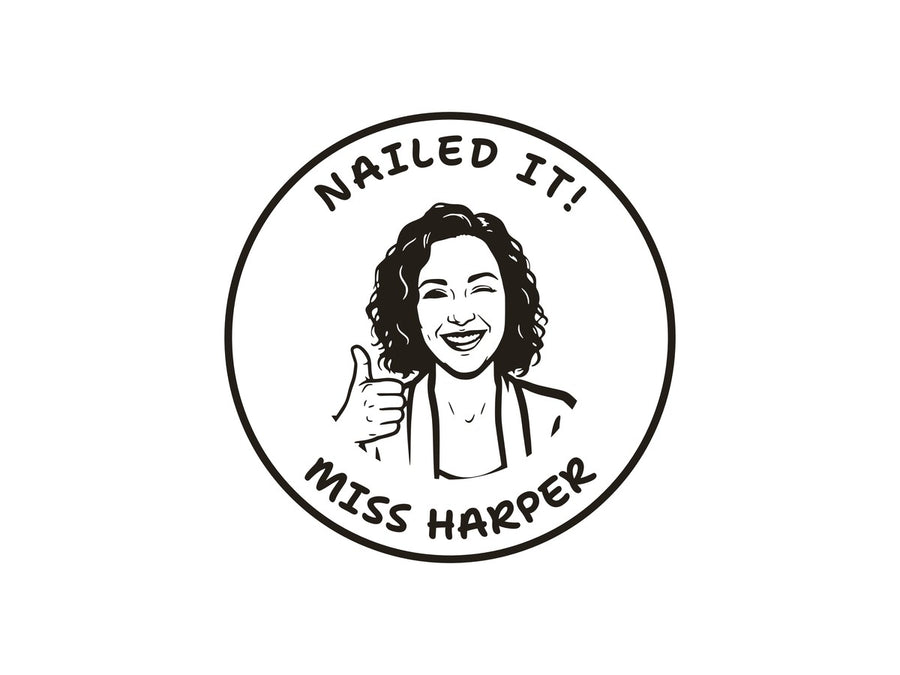 A teacher stamp design: a face with a thumbs up, NAILED IT and MISS HARPER