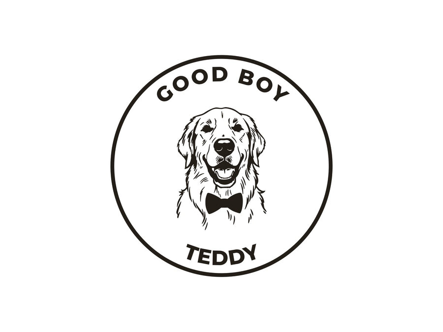 A pet stamp design: a golden retriever with GOOD BOY and TEDDY