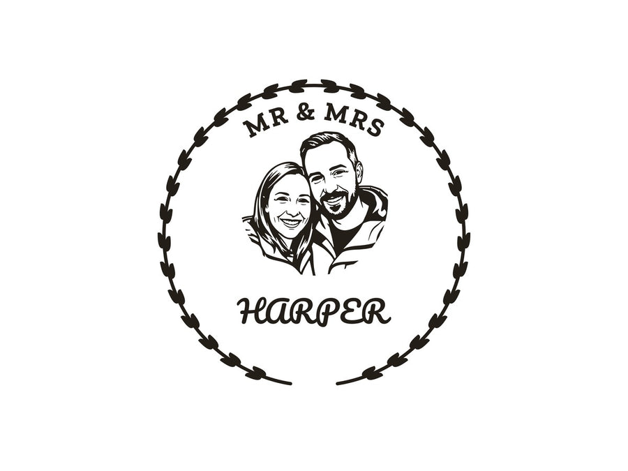 A couple stamp design: two faces with MR AND MRS HARPER