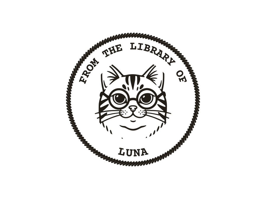 An ex libris stamp design: a cat in glasses, FROM THE LIBRARY OF LUNA