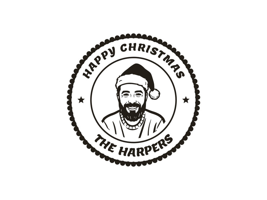 A Christmas stamp design: a face in a Santa hat, HAPPY CHRISTMAS, THE HARPERS