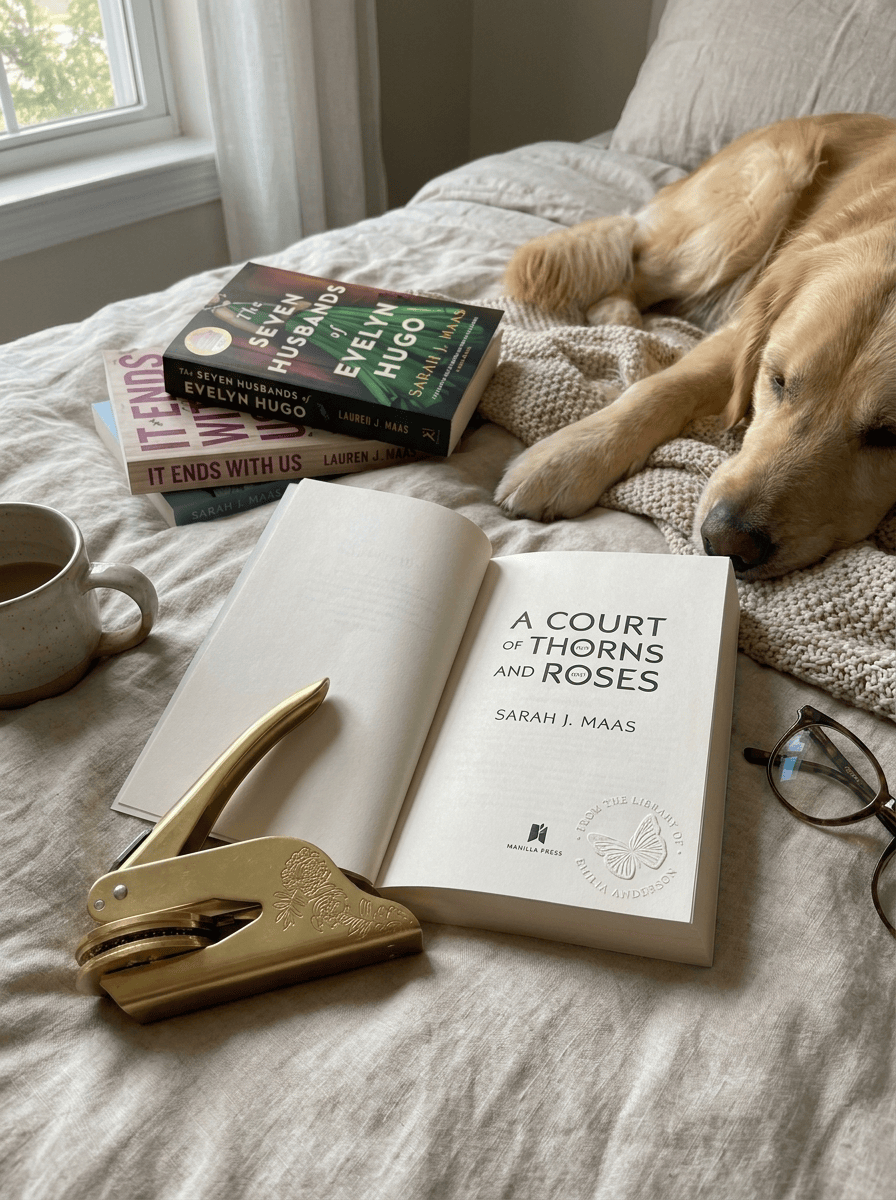 A gold embosser beside an open book with a butterfly seal on the title page, a golden retriever asleep on the bed